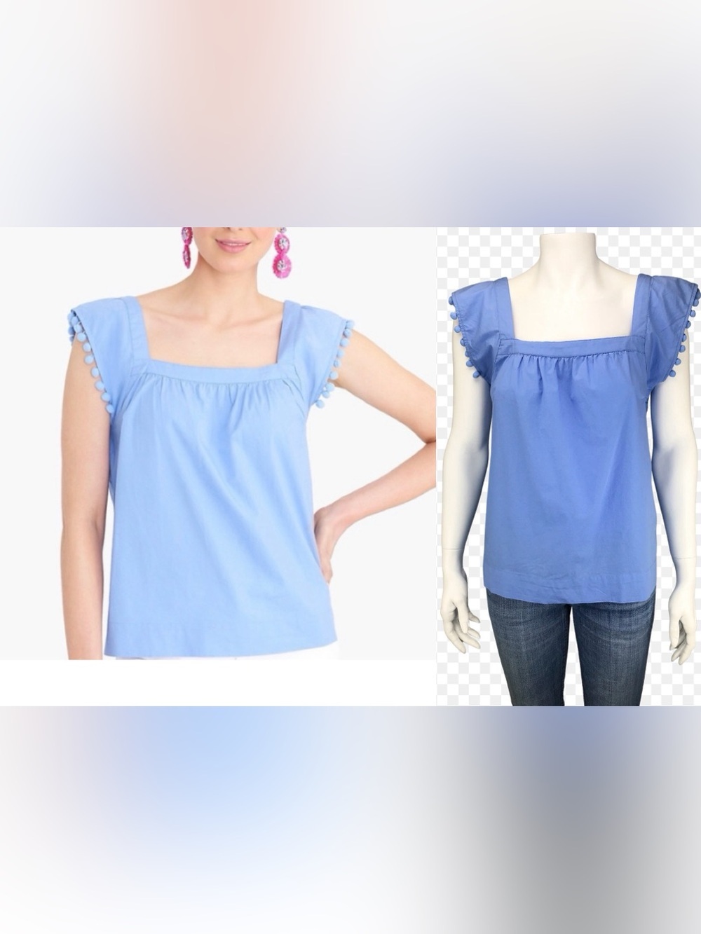 J CREW COTTON POPLIN TOP. POM POM TRIM. BUST DARTS, WIDE BITTOM HEM Sz. 22